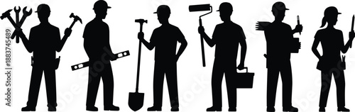 Construction worker silhouettes set holding tools hammer wrench shovel roller level isolated black human figures industry labor illustration