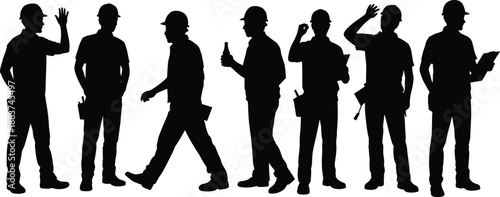 Construction worker silhouettes set standing walking gesturing holding tools clipboard isolated black human figures industry labor illustration