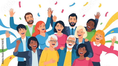 Joyful diverse group of happy multi-generational people celebrating success and togetherness with confetti