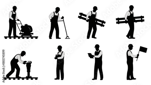 Silhouettes of construction workers performing various labor and maintenance tasks