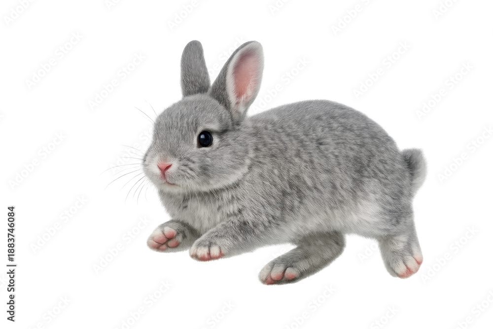 Fototapeta premium Grey baby bunny rabbit hopping, adorable fluffy rodent on transparent background, cute small pet with soft fur