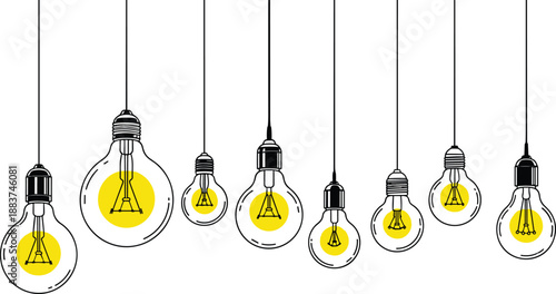 Hanging light bulbs, glowing filament, minimalist design, creative ideas, black and white, yellow glow, inspiration, innovation, electricity, modern decor