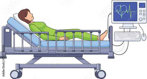 Hospital bed illustration, patient monitoring vector, medical equipment icon, healthcare technology graphic, vital signs display art, clinical care design, emergency room setup