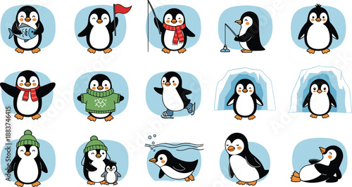 Penguin cartoon illustration, winter activity vector, cute animal graphic, igloo scene art, fishing penguin icon, playful snow design concept