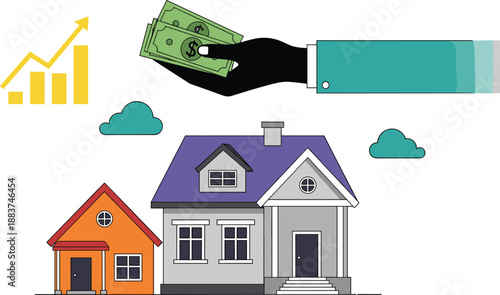 Real estate investment, financial growth, housing market, money offer, property purchase, upward graph, dollar bills, home value, economy, success