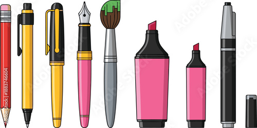 Stationery illustration set, writing tools vector, pencil pen marker graphic, office supply icon, art design concept, educational material illustration
