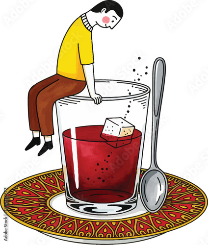 A sad illustrated man in a yellow shirt sits on the rim of a glass of red tea with a sugar cube.