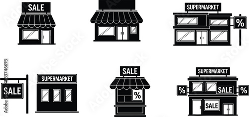 Supermarket storefront illustration, retail shop vector, sale discount icon, commercial building graphic, shopping market design, promotional signage art, business retail concept