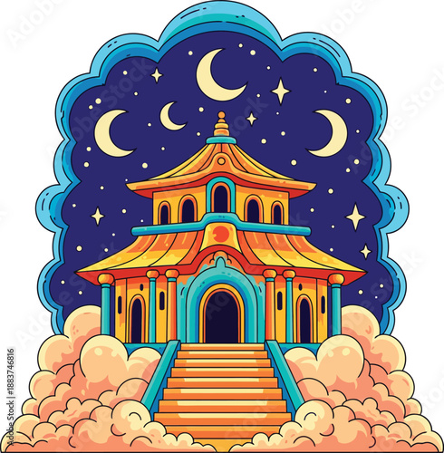 A vibrant cartoon Asian temple with a goldenorange tiered roof resting majestically on a bed of fluffy clouds.