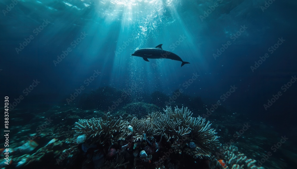 Fototapeta premium Mystical Underwater Encounter: A solitary dolphin gracefully navigates the depths of the ocean, bathed in ethereal sunlight piercing through the water's surface, a true spectacle of marine life.