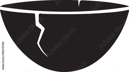 A black silhouette of a cracked bowl or dish, representing brokenness, damage, or imperfection, isolated on a white background