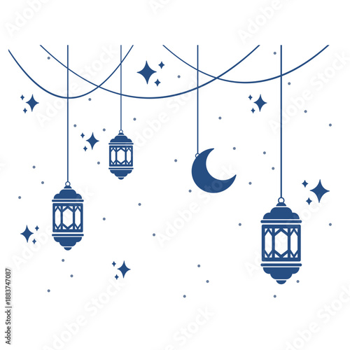 Ramadan Night Lantern and Crescent Moon Decoration for Eid Mubarak Vector Background