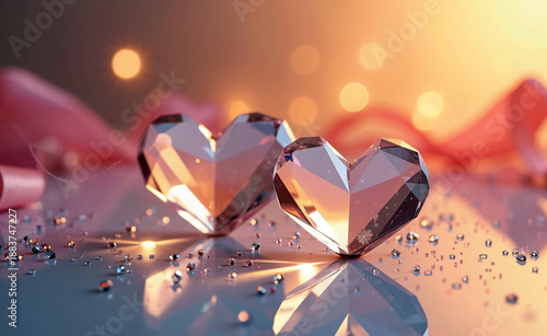 Crystal heart diamonds on reflective surface with sparkling bokeh lights, romantic luxury love background © Azamat