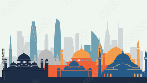Photography Cityscape Silhouette: Mosques and Skyscrapers, Modern Urban Skyline