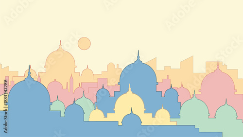 Pastel Cityscape: Eastern Architecture Silhouette