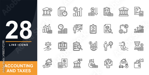 Accounting Solid Icon set. Containing Tax Office, Report, Development, Low Rate, Accounting, government, Calculation, Analysis