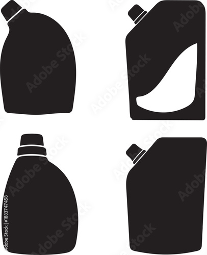 Set of four black liquid container silhouettes, including laundry detergent bottles and refill pouches, isolated on a white background