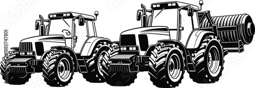 Black and white vector illustration of two modern agricultural tractors, heavy machinery for farming and land cultivation, isolated on white background for industrial design.