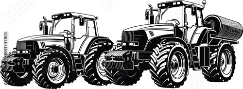 Black and white vector illustration of two modern agricultural tractors, heavy machinery for farming and land cultivation, isolated on white background for industrial design.