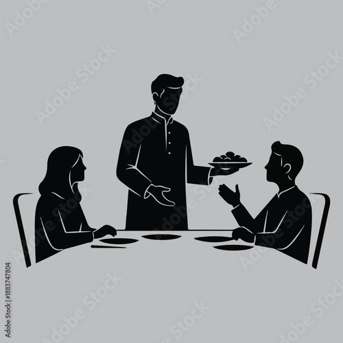 Muslim Family Sharing Iftar Meal Together Silhouette vector design art and illustration
