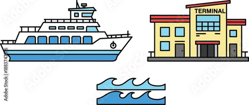 Flat illustration of a passenger ferry arriving at a terminal building, symbolizing maritime transport and travel at a port.