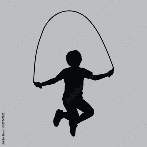 Happy Child Jumping Rope Playing Outdoor Silhouette vector design art and illustration