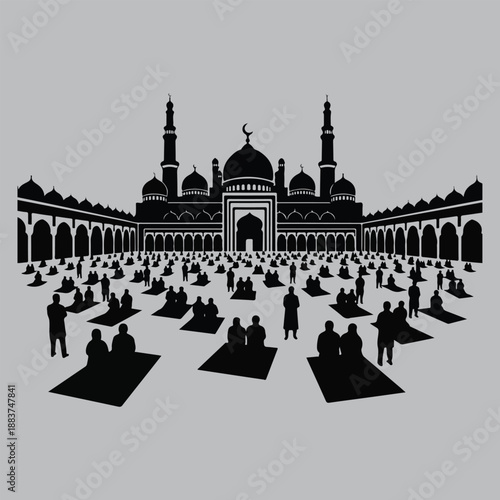 Muslim Community Performing Congregational Prayer in Mosque Courtyard Silhouette vector design art and illustration