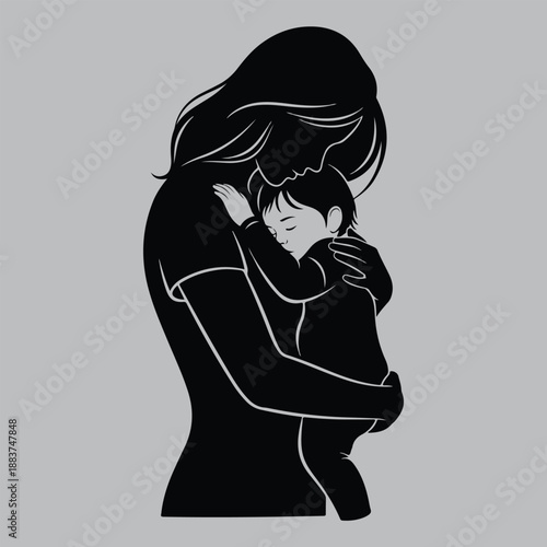 Loving Mother Holding Child Emotional Silhouette vector design art and illustration