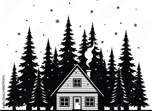 Black and white vector silhouette of a cozy winter cabin in a pine forest with snow and smoke, festive holiday landscape illustration,