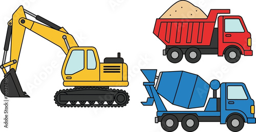 Collection of heavy construction vehicles including an excavator, dump truck with sand, and concrete mixer truck for building projects.