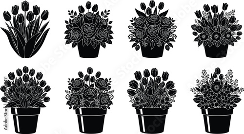 Black silhouette collection of spring flower bouquets in pots, featuring roses and tulips with garden leaves, decorative floral vector illustrations on white background.