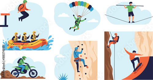 Adventure sports illustration, extreme activities vector, outdoor thrill graphic, adrenaline action art, sports icon design, adventure lifestyle concept, recreational challenge scene