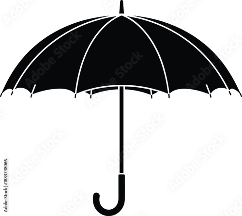 Black silhouette of a classic open umbrella with a curved handle, weather protection icon for rain, autumn season, and insurance concept symbol,