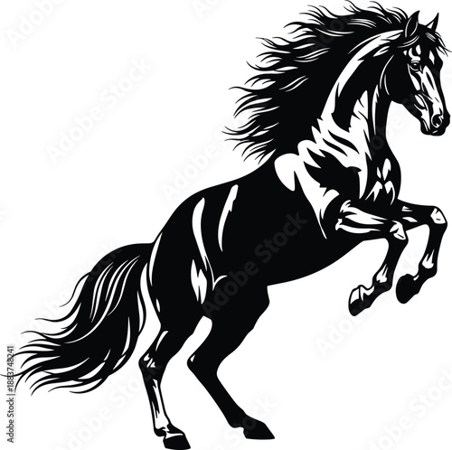 Black silhouette of a majestic horse rearing up with a flowing mane and tail, powerful stallion illustration for equestrian sports, nature, and wild freedom,