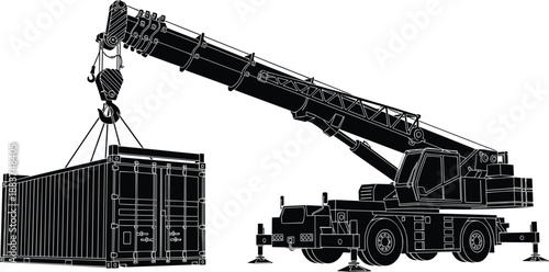 Black silhouette of a mobile telescopic crane lifting a shipping container, heavy machinery for industrial logistics, freight transport, and global maritime trade,