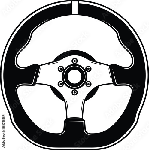 Black silhouette of a sports racing steering wheel icon, automotive performance part for car simulation gaming, vehicle interior control and drift driving,