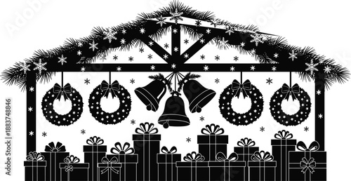 Christmas market stall silhouette with gift boxes, hanging wreaths, bells, and pine needles, festive winter holiday vector illustration for seasonal greeting card design.