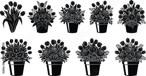 Collection of black silhouette flower bouquets in pots, featuring roses and tulips for spring garden decoration, floral vector illustrations on white background.