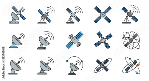 Space Satellite and Ground Antenna Icons Collection. Vector symbols for Global Communication, GPS, Broadcasting, and Telecommunication Technology.