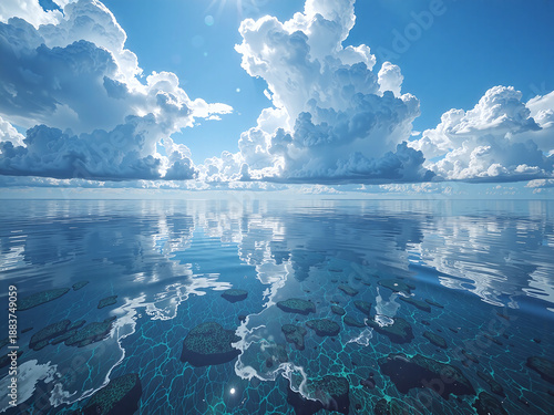 Surreal ocean, sky reflected underwater, floating clouds, deep blue tones, dreamlike mood,Sea and sky merge, blurring the boundary between reality and imagination.