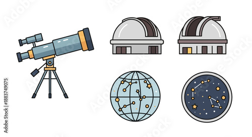 Astronomy and Space Exploration Icons Set: Telescope, Observatory Dome, Constellation Map, and Night Sky Symbols.