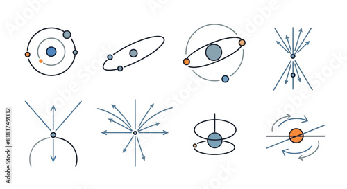 Abstract Physics and Astronomy Line Icons Set. Atomic Structure, Quantum Mechanics, Orbitals, and Gravitational Fields Vector Graphics.