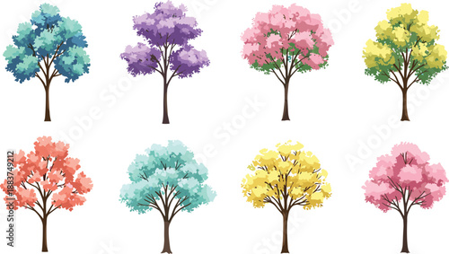 Collection of colorful fantasy trees, pink cherry blossom, blue, purple, yellow, and green foliage, isolated cad drawing flat vector illustration.