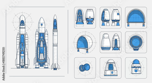 Space Engineering Blueprint Set: Launch Vehicle Rocket Cross-Section, Crew Capsule & Landing Module Technical Schematics