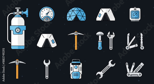 Expedition and Survival Equipment Flat Icons Set. Includes oxygen tank, geodesic dome, tents, multi-tool, pickaxe, and high-tech instruments.