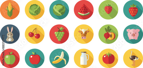 Food and animal icons, colorful vector set, fruit vegetable illustration, farm animal graphic, dietary symbol art, educational design concept