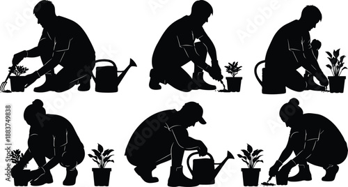 Gardening people silhouette, planting, watering, tending plants, garden tools, outdoor activity, black vector figures, nature care, horticulture, lifestyle, spring work