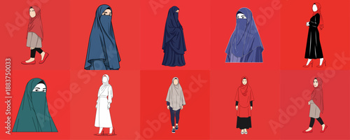 vector illustration set of a muslim woman wearing hijab on a red background