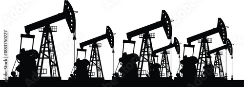 Industrial oil pump jack silhouettes set, black vector illustration of petroleum extraction equipment, fuel industry machinery for crude oil production isolated on white