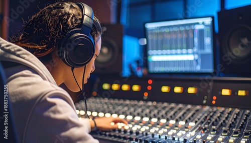 Professional Sound Engineer Operating Mixing Console with Headphones in Recording Studio